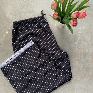 Black and White Silky Satin Polka Dot Lounge Pants Pajama Bottom lace detail